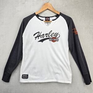 Harley Davidson Shirt Womens Large White Gray Raglan Long Sleeve Top *FLAWS*